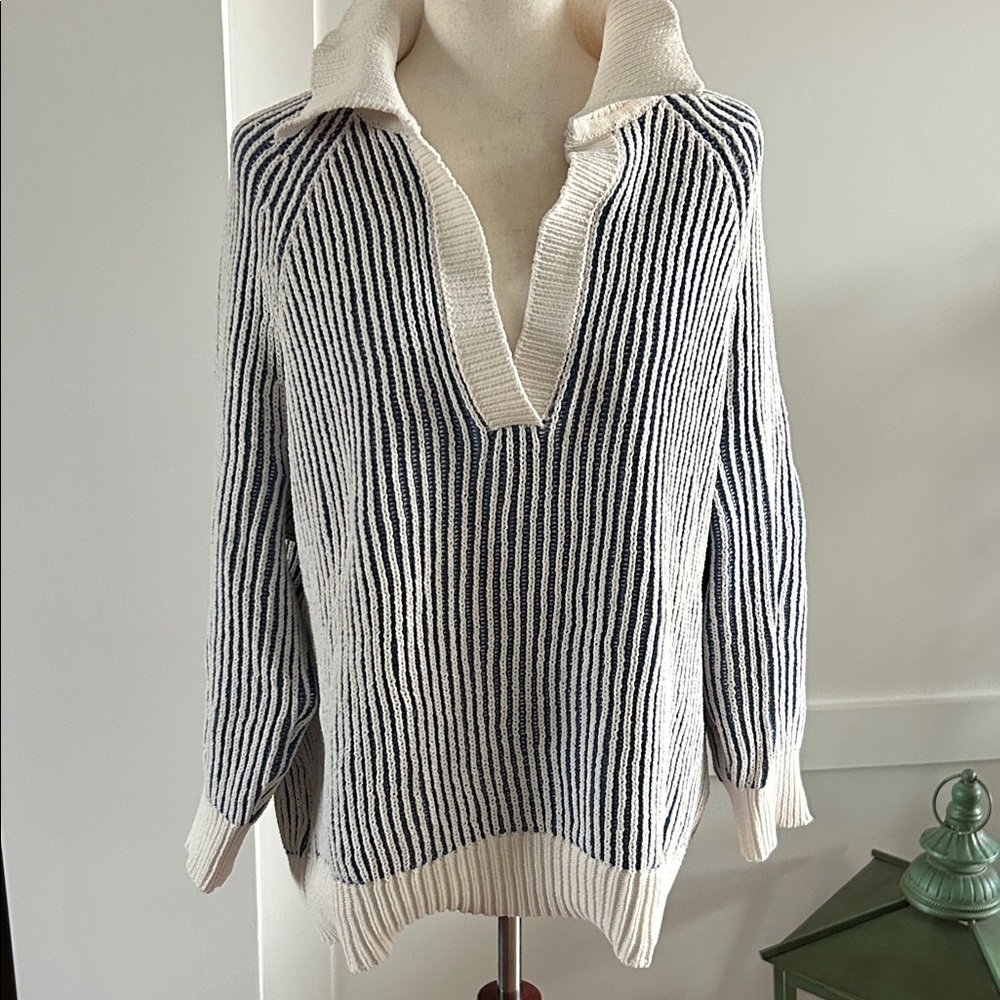 Aerie Navy and Cream Striped Cowl Neck Sweater